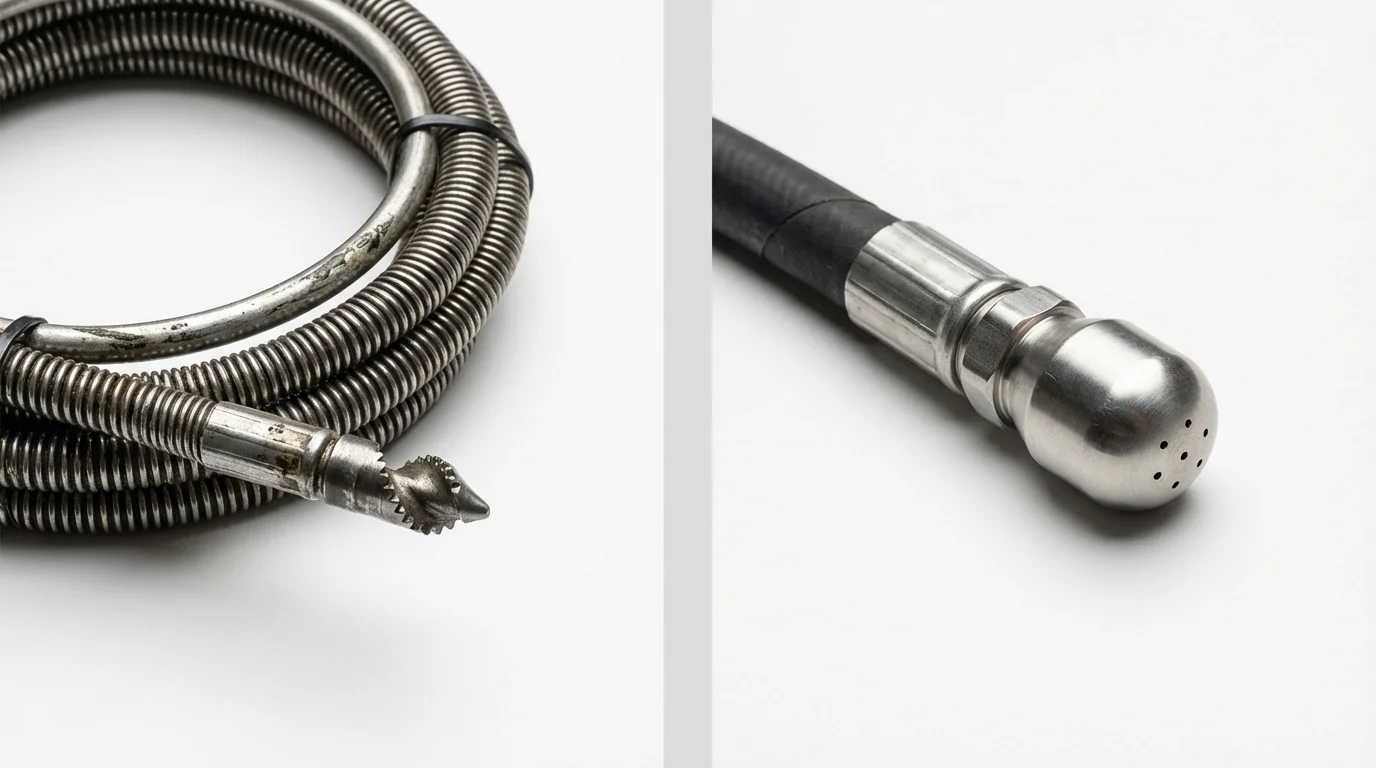 Drain snake cable and hydro jetting nozzle used for drain cleaning in Otterbein, IN