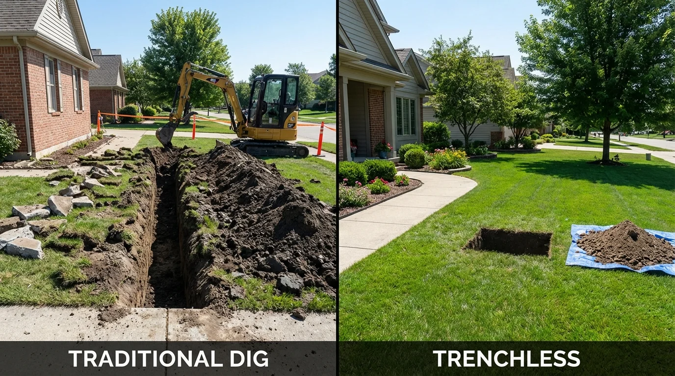 Trenchless sewer repair with minimal yard damage versus traditional excavation in Otterbein, IN