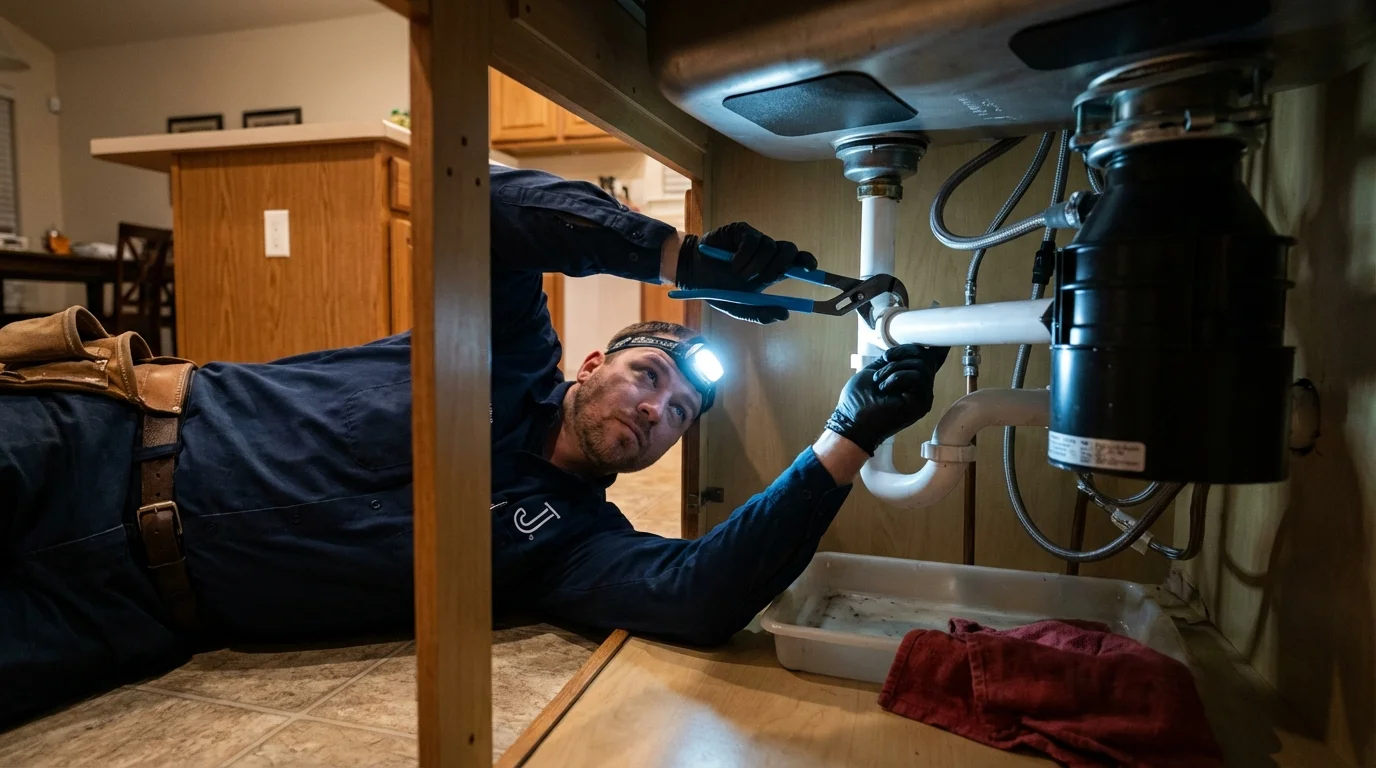 P-trap and supply line connections under a kitchen sink showing a common leak point in Otterbein, IN